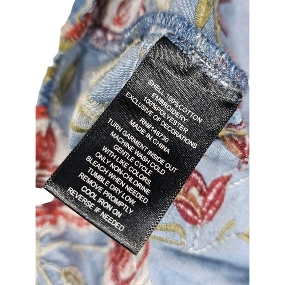 Beige By Eci Blue Denim Dress 14 Chambray Floral Embroidered V-neck Sleeveless - Picture 9 of 11